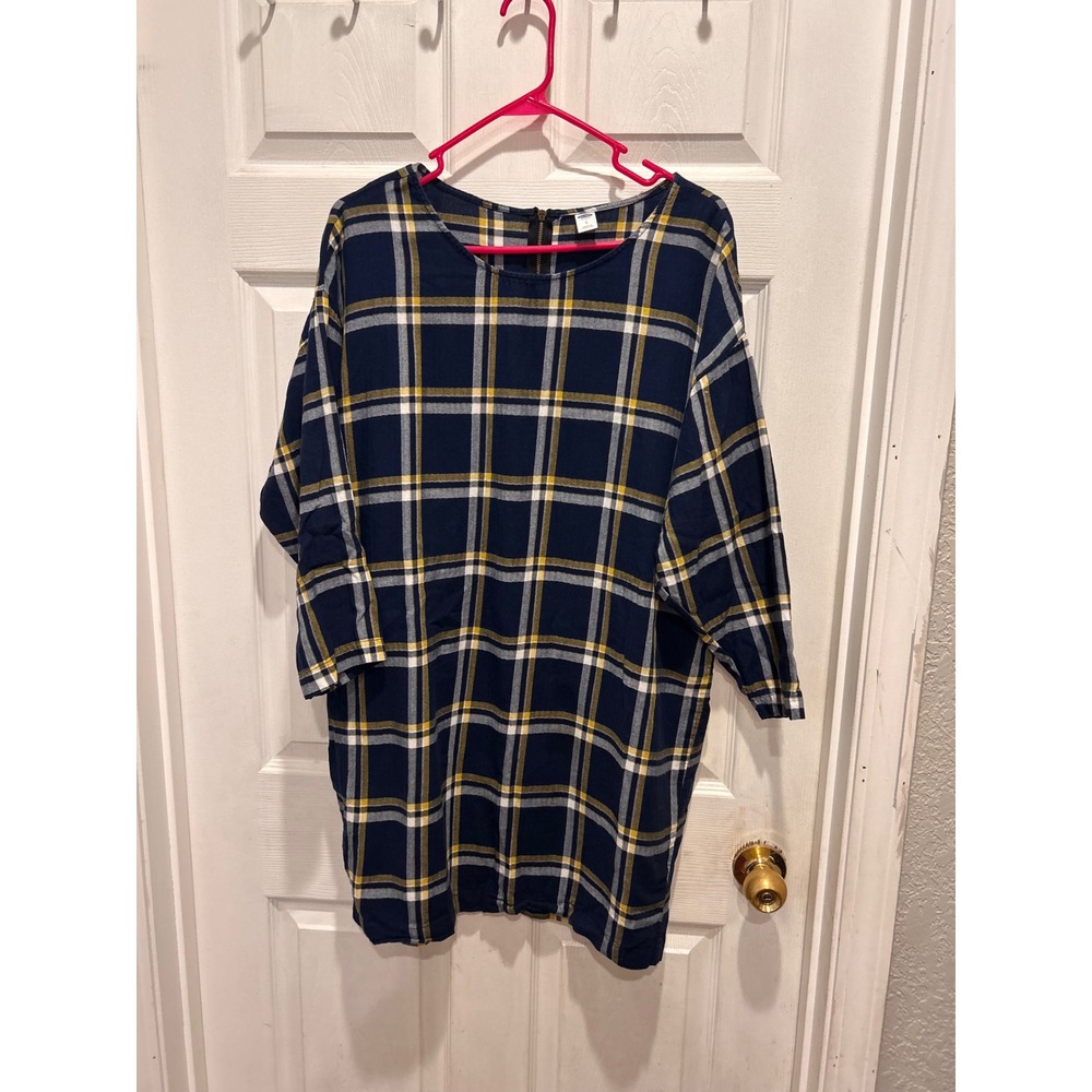 Old Navy Womens‎ Large Plaid Shift Dress Navy Blue Yellow 3/4 Sleeve Back Zip L